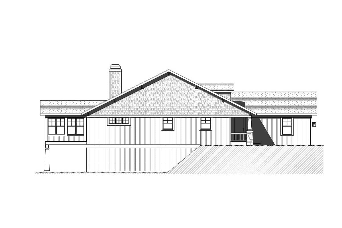 House plan exterior: Single-story, horizontal siding, gable roof, chimney, covered porch with stone supports, and multiple windows.