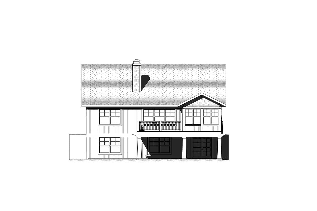 House plan exterior elevation drawing showing a two-story home with a gabled dormer, balcony, and double doors.