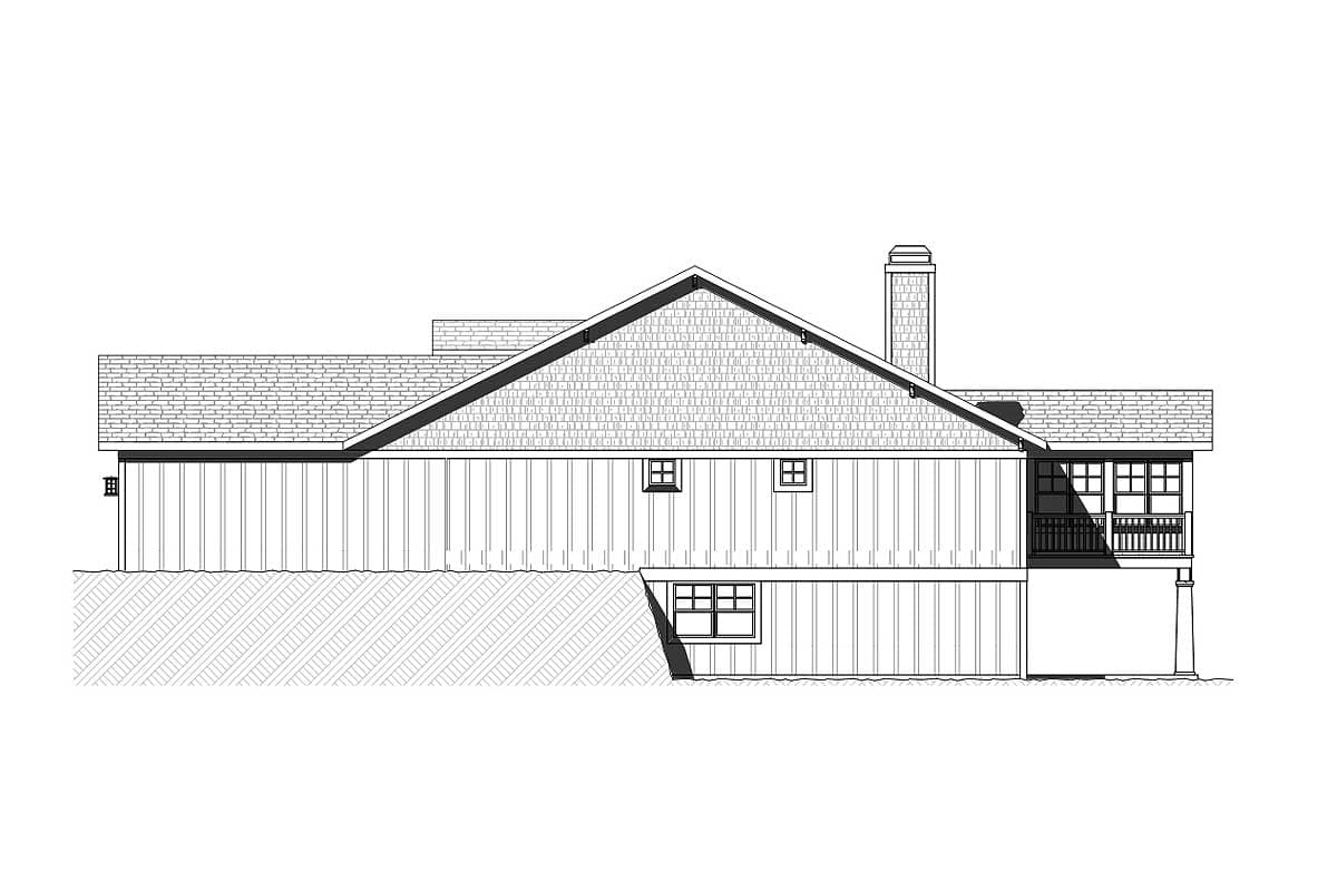 House plan elevation drawing of a two-story home with a prominent gable roof, vertical siding, and a covered porch.