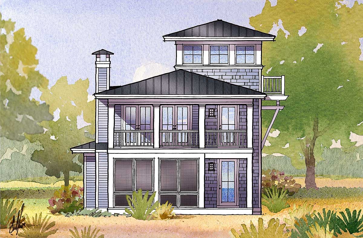 House plan exterior. Two-story with a cupola, balconies, and a dark roof. Features include a chimney and a screened-in porch.