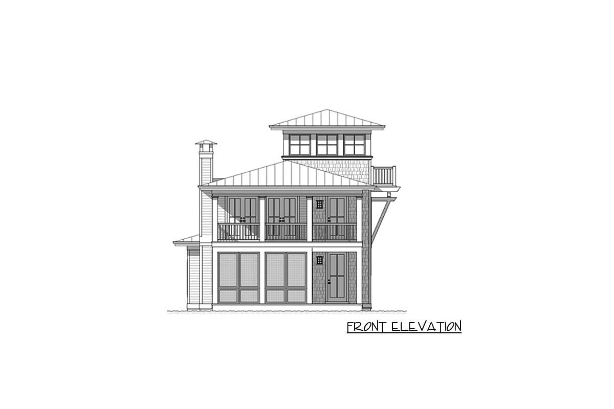 Front elevation drawing of a three-story house with balconies, gables, and a prominent chimney.