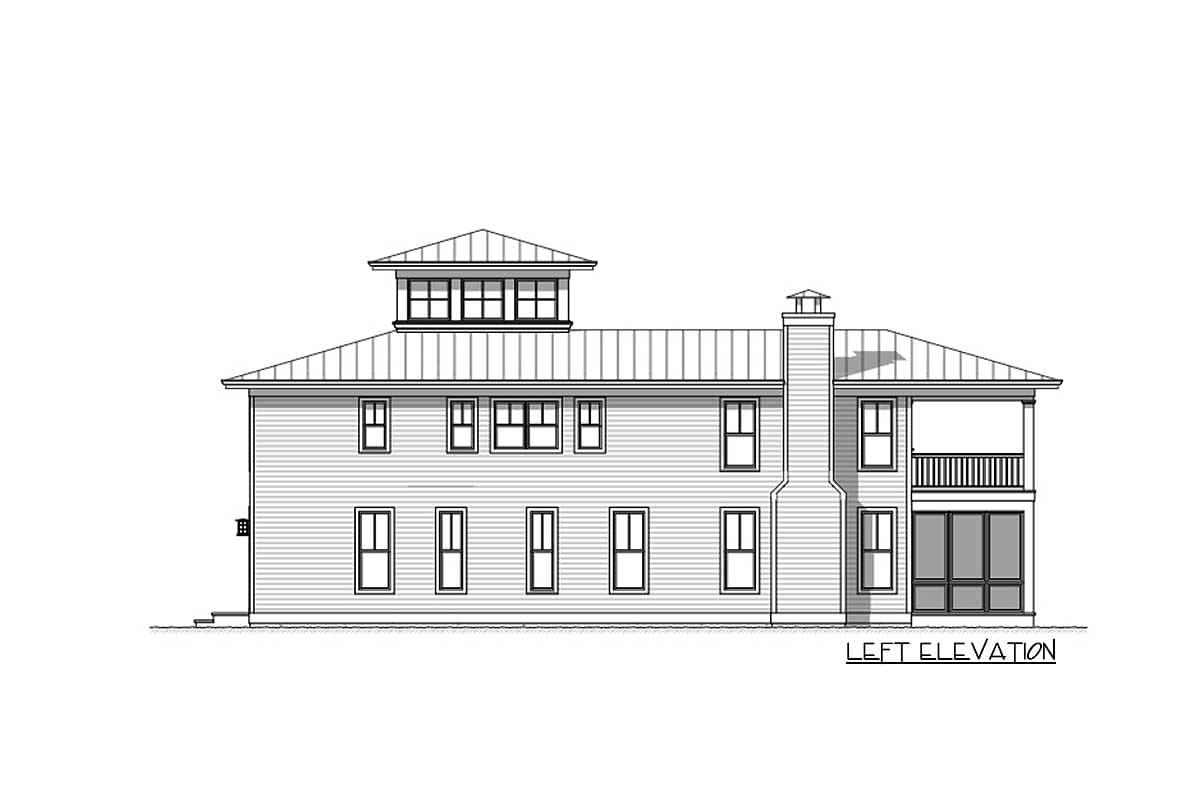 Left elevation drawing of a two-story house plan featuring a prominent chimney, hipped roof, dormer windows, and a covered balcony.