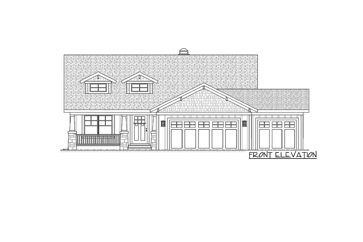 Front elevation drawing of a two-story house plan featuring dormers, a covered porch, and a three-car garage.
