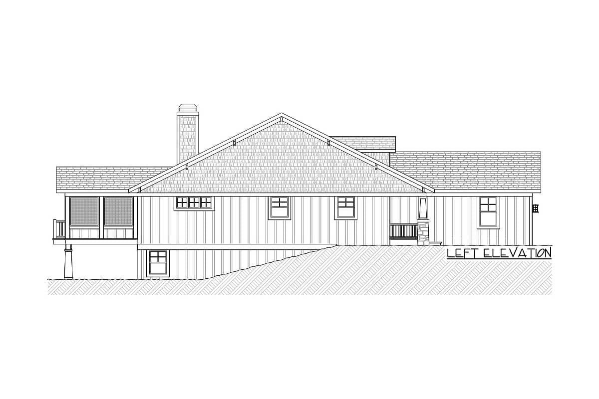 Left elevation house plan showing a multi-story home with a prominent gable, screened porch, and chimney.