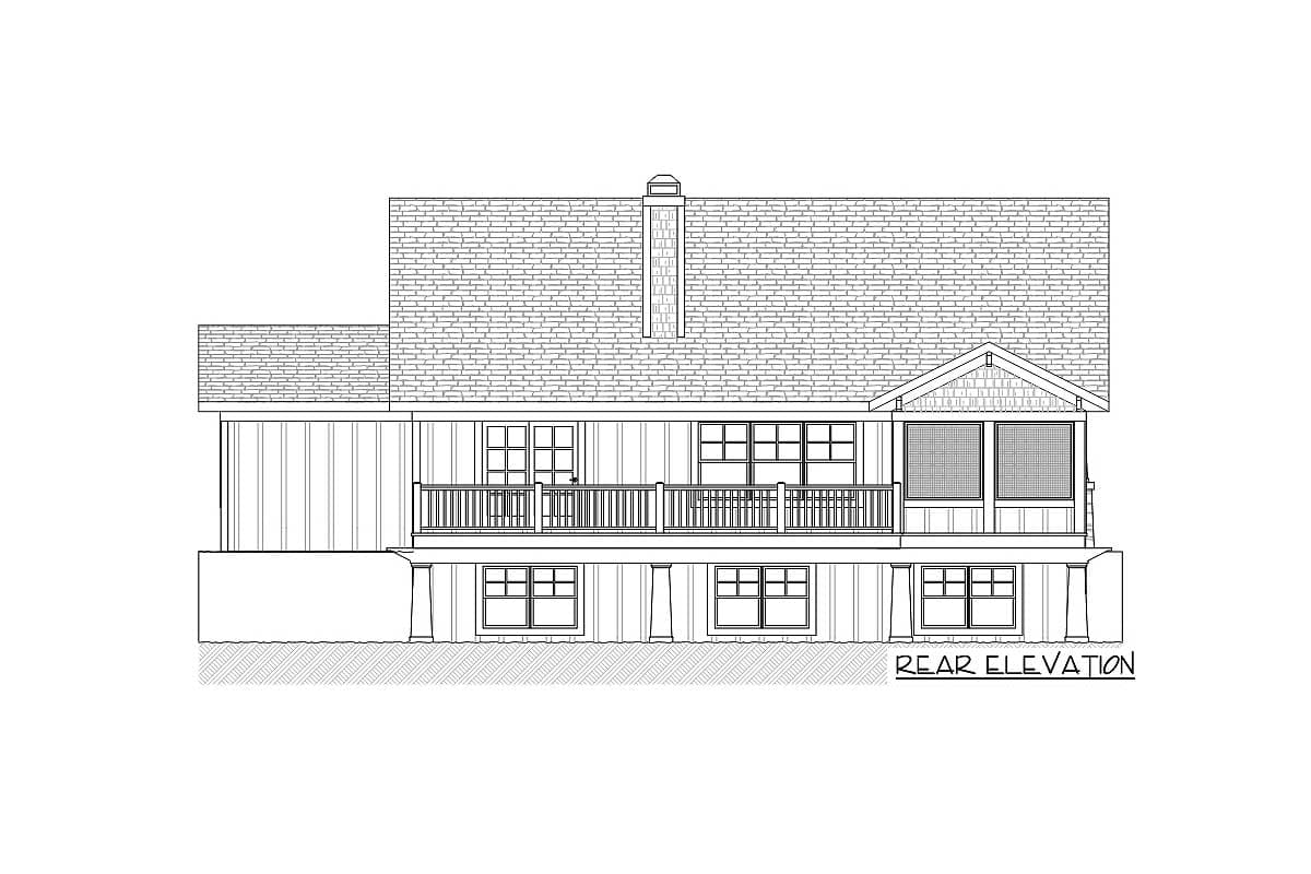 Rear elevation house plan drawing featuring a two-story structure with a deck, multiple windows, and a gabled dormer.