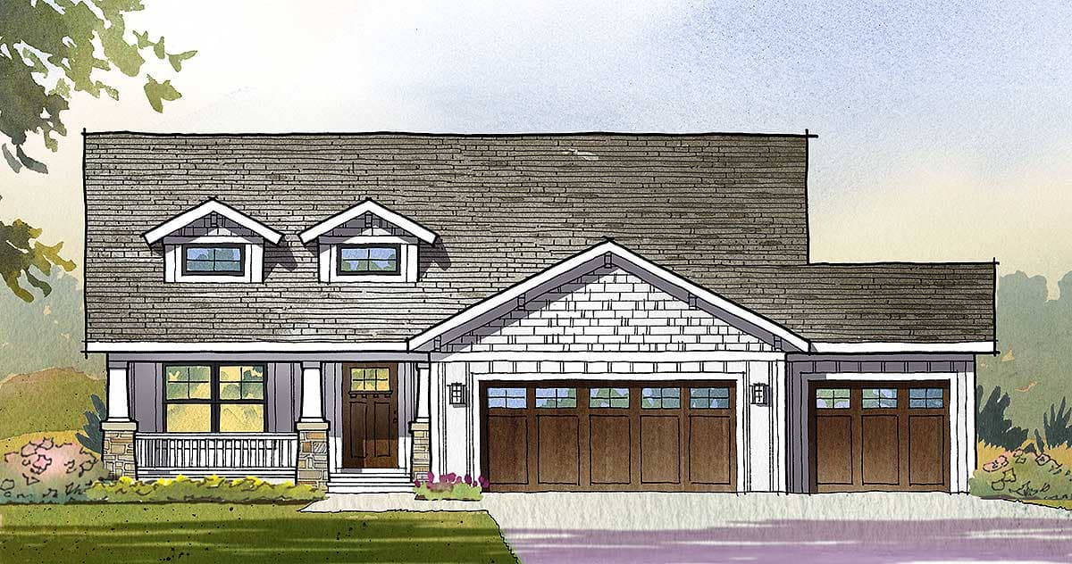 House plan exterior with Craftsman style. Features include a front porch with columns, a gable roof, two dormers, and a two-car garage.