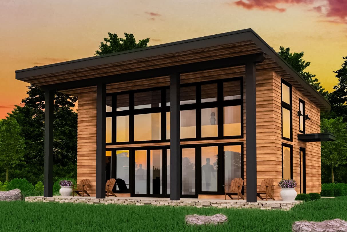 House plan exterior featuring modern design with a flat roof, prominent glass windows, and a covered porch. Two-story structure with wood siding.