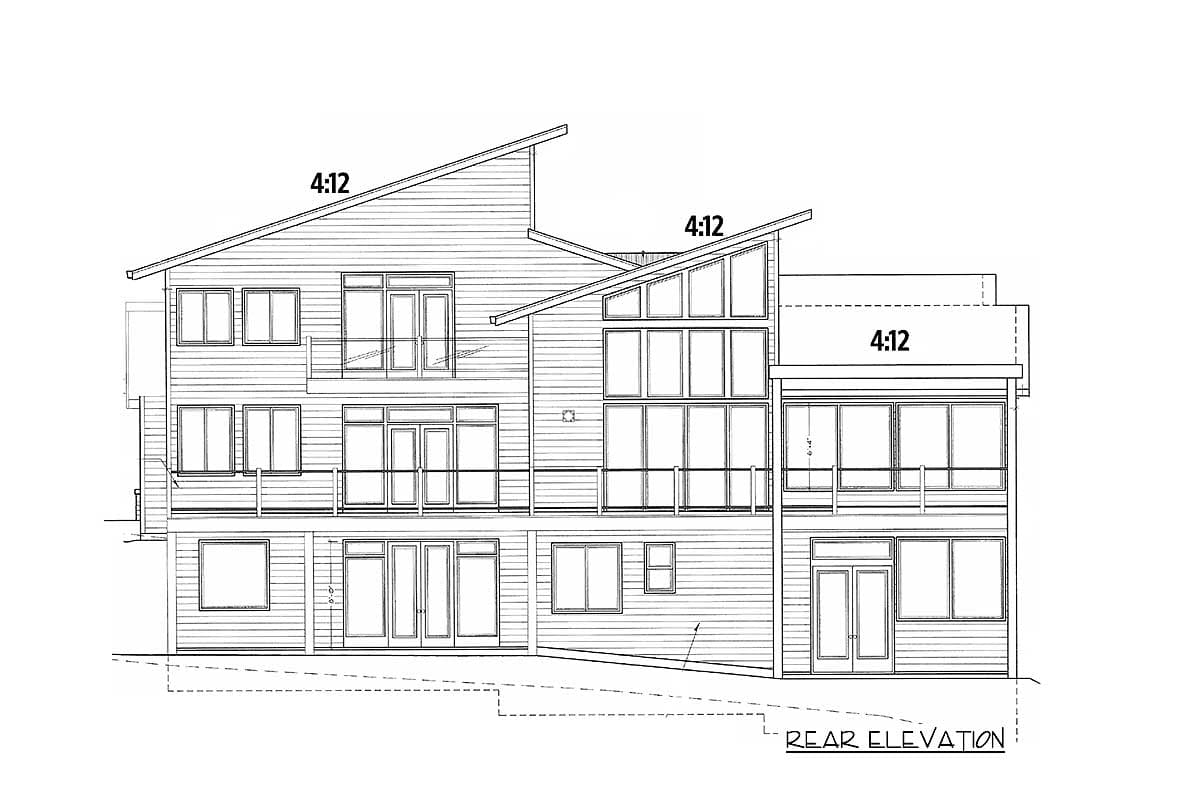 Rear elevation drawing of a modern house plan with multiple gables, varied window arrangements, and horizontal siding.
