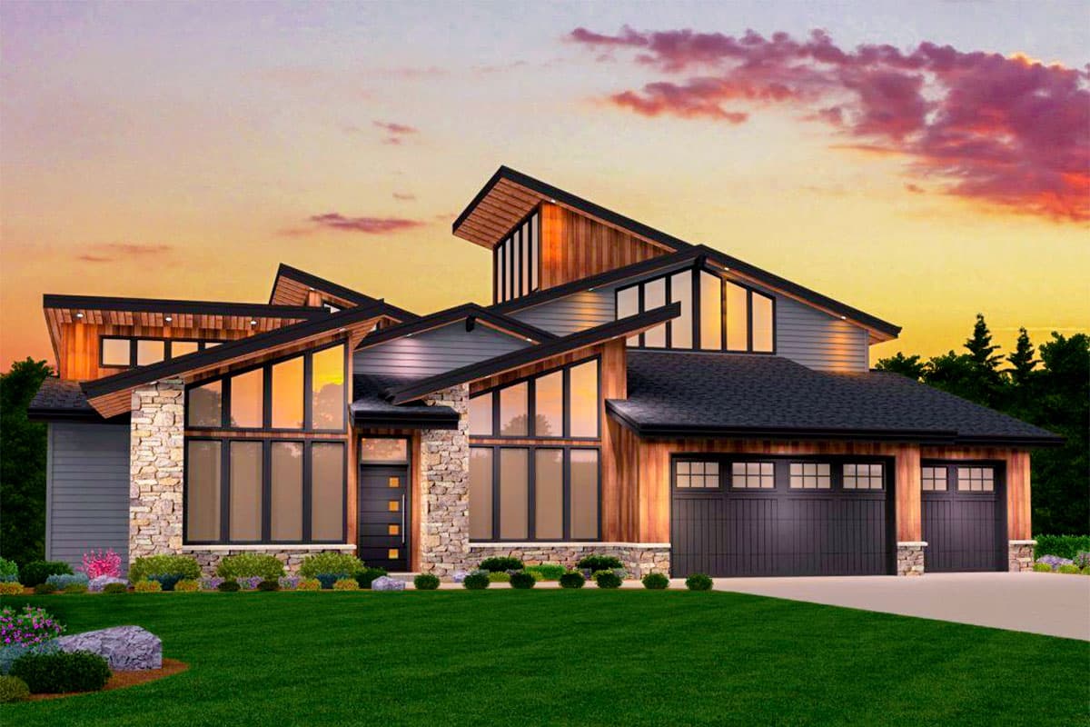 House plan exterior. Modern style, two-story home with multiple rooflines, large windows, and stone facade accents. Attached garage included.