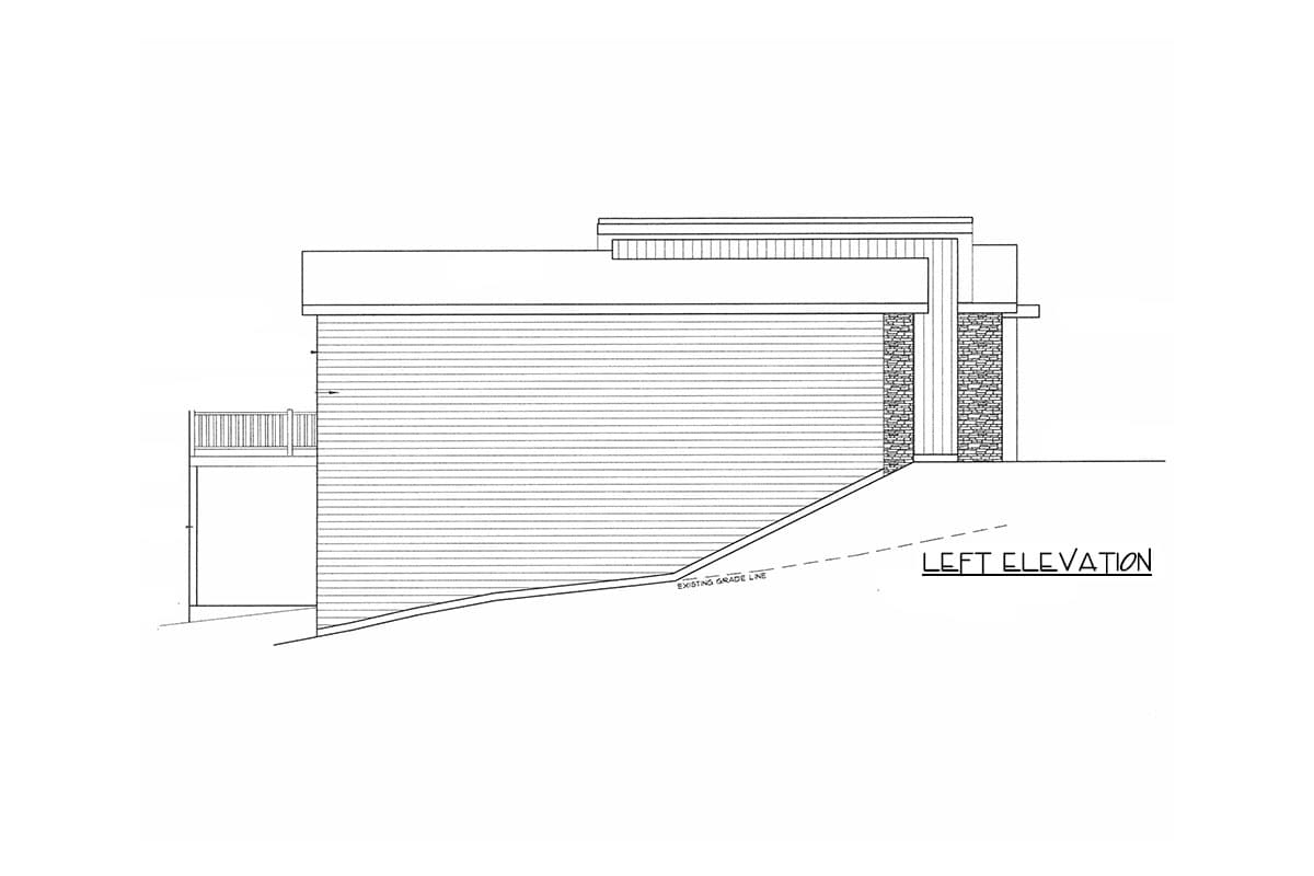 Left elevation drawing of a modern house plan with horizontal siding, stone accents, and a deck.