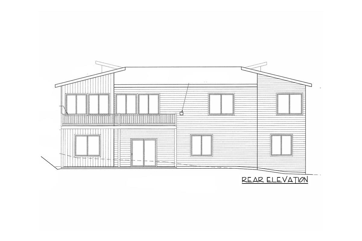 Rear elevation drawing of a two-story house with a balcony, sliding glass doors, and varying rooflines.