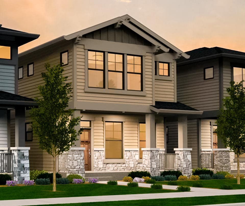 House plan exterior. Two-story Craftsman home with a gabled roof, stone-clad porch columns, and multi-paned windows. Decorative roof trim visible.