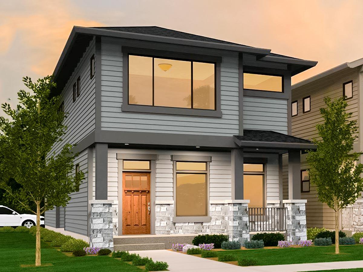 House plan exterior with two stories. Modern style with horizontal siding, a covered entry porch, and a flat roofline.