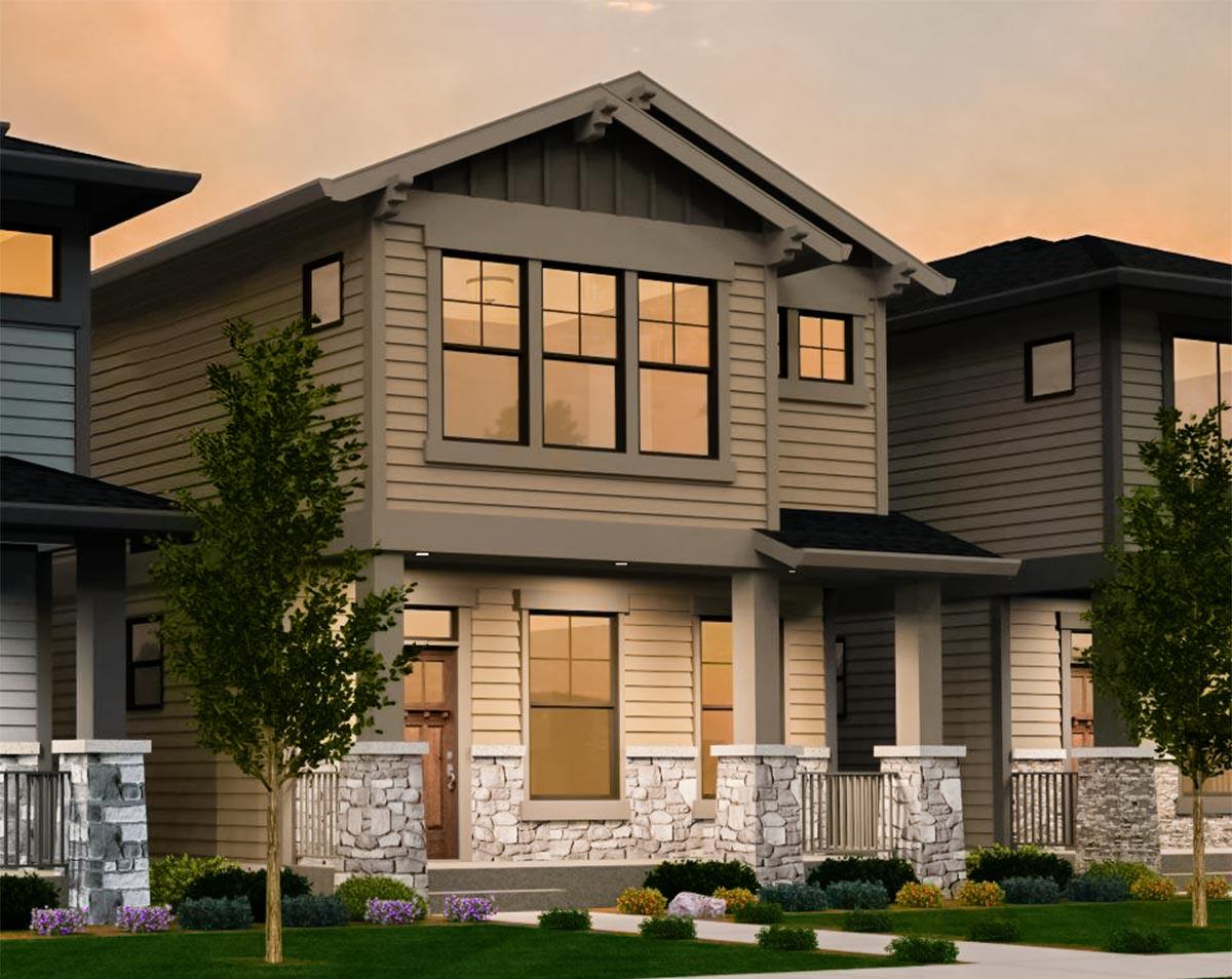 House plan exterior. Two-story Craftsman home with a gabled roof, stone-clad porch columns, and a covered entry. Horizontal siding visible.