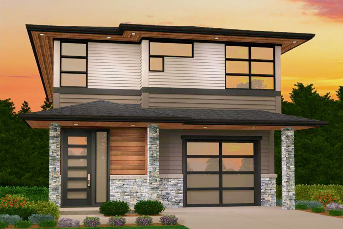House plan exterior. Two-story modern style with flat roof and cantilevered upper level. Features include a garage and stone facade accents.