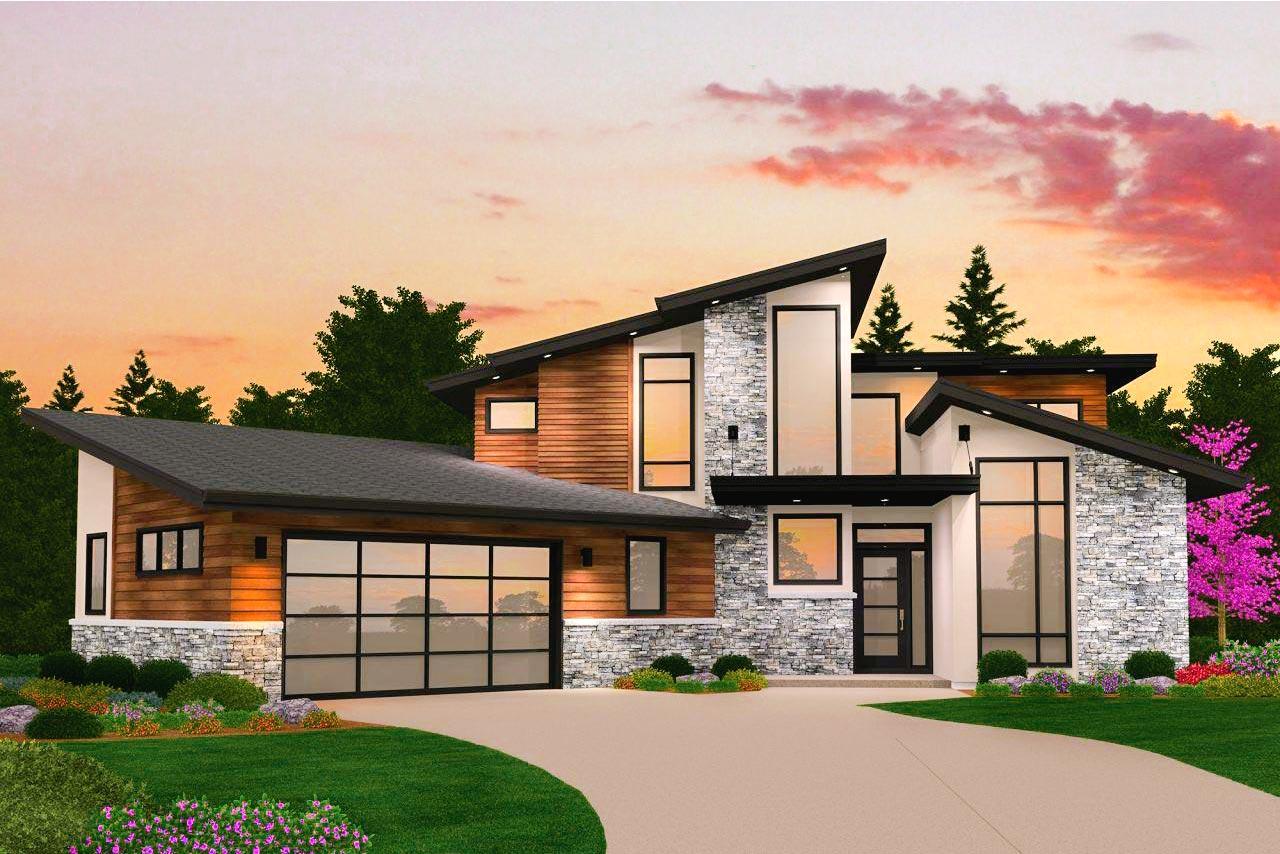 House plan exterior. Modern style with two stories, a detached garage, asymmetrical rooflines, and stone and wood siding details.