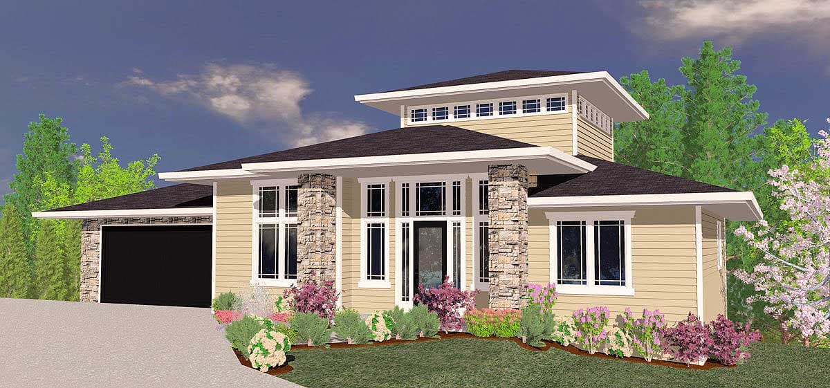 House plan exterior: Modern-style, one-story residence with stone-accented columns, large windows, and a hip roof with a clerestory.