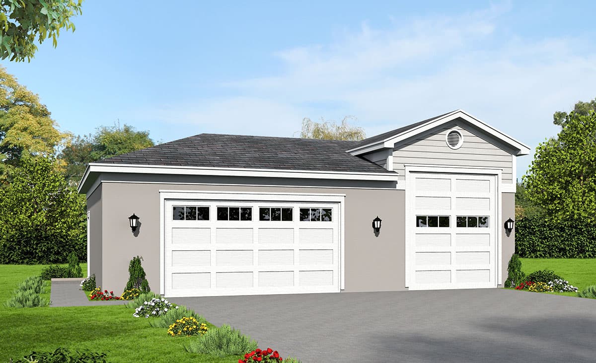 House plan exterior with two-car garage, shingle roof, and gable roofline. Features include decorative sconces and a concrete driveway.