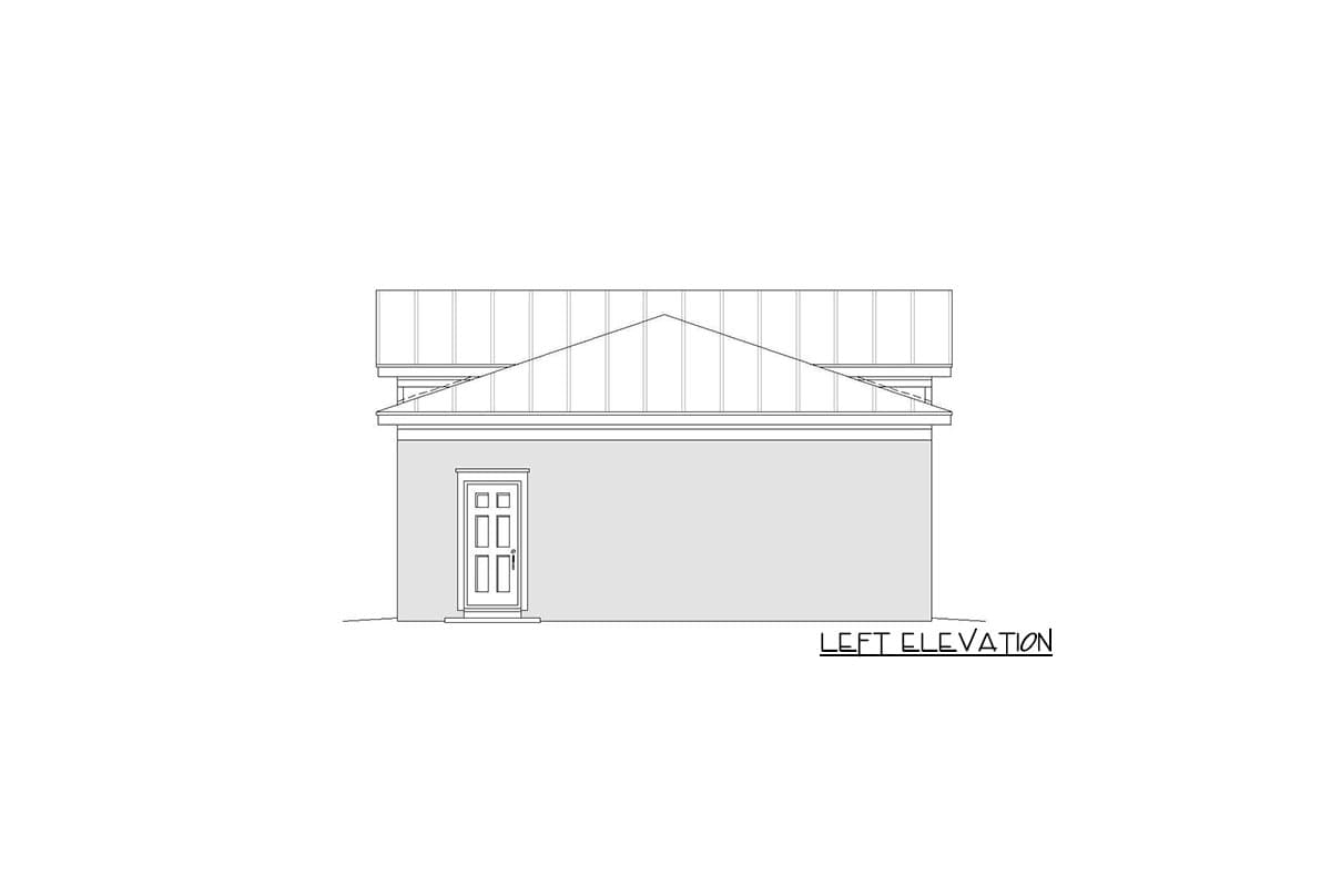 Left elevation drawing of a house plan featuring a pitched roof, simple siding, and a double-door entry.