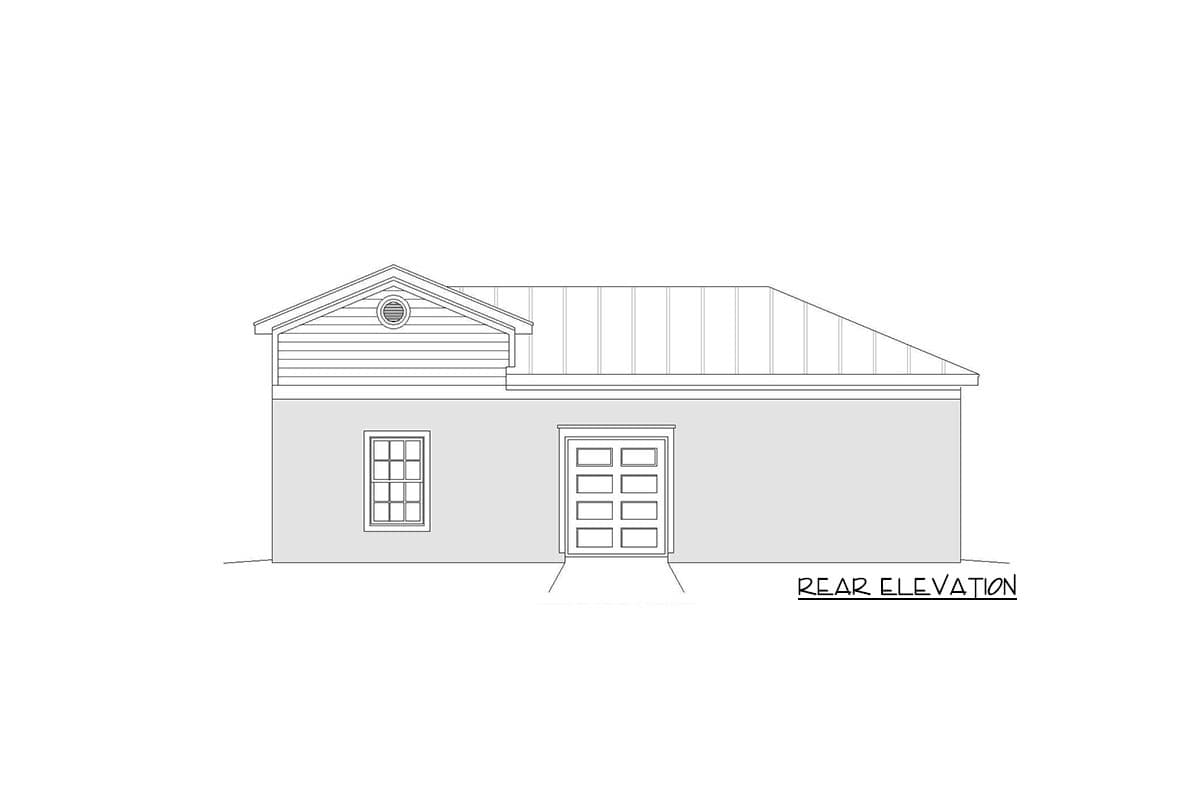 Rear elevation house plan with a gambrel roof, dormer, window, and garage door.