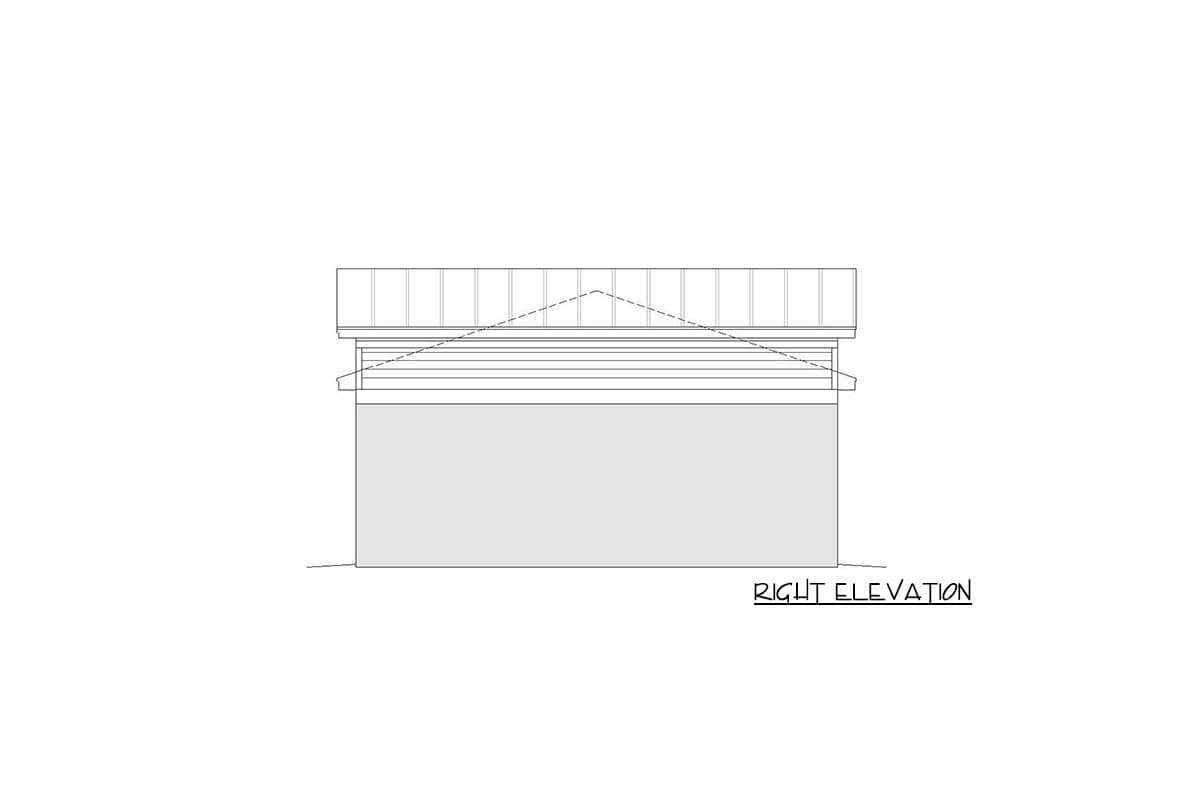 Right elevation drawing of a house plan showing siding, eaves, and a gable roofline with a skylight.