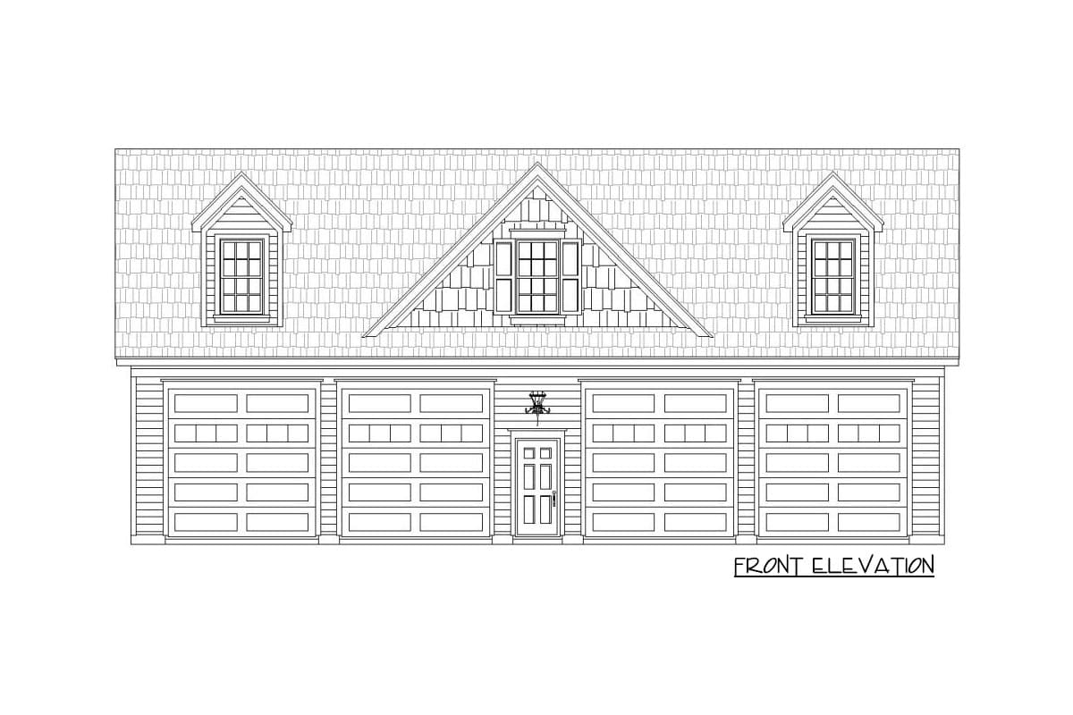 Front elevation drawing of a house plan with a prominent central gable, five garage doors, and three dormer windows.