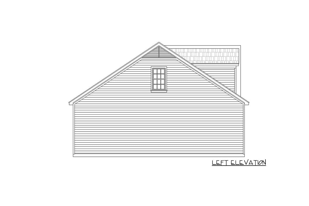 Left elevation drawing of a house plan with horizontal siding, a dormer window, and a gambrel roof.