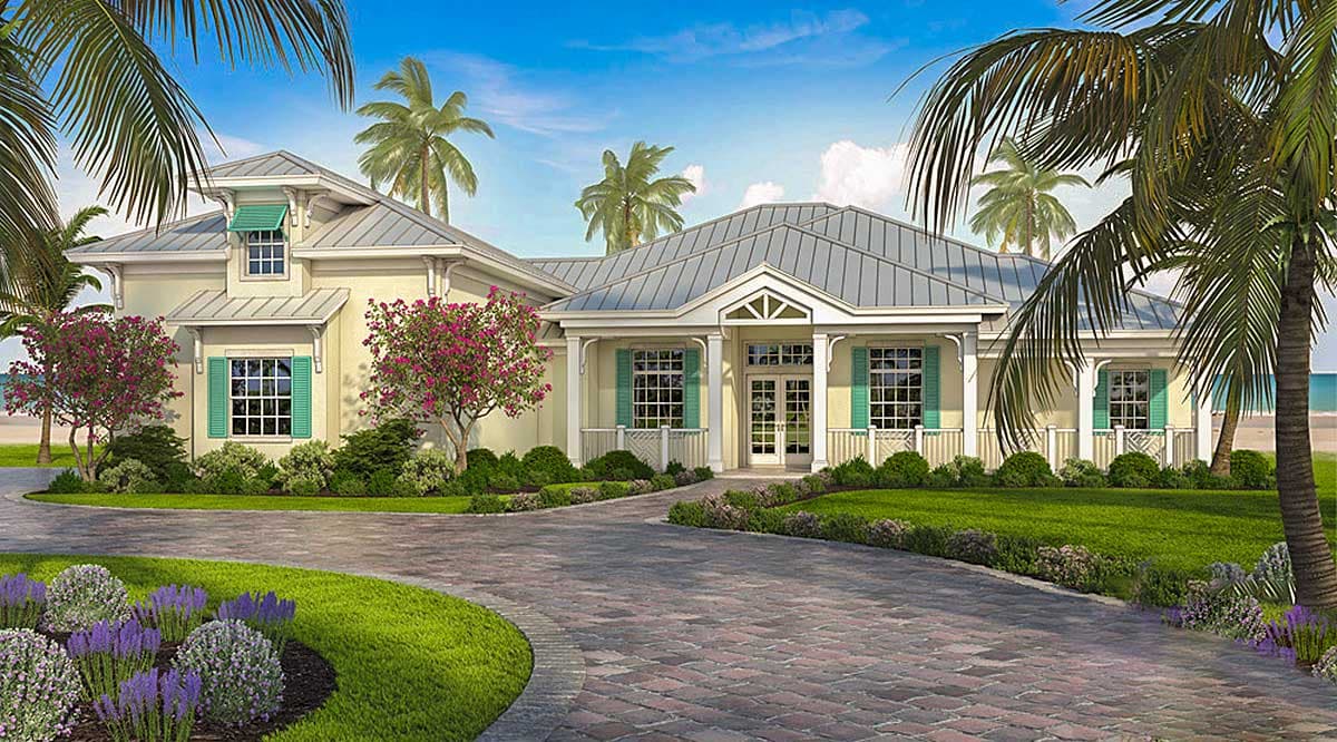 House plan exterior. Coastal-style home with metal roof, covered porch, multiple gables, and shuttered windows. Palm trees and landscaped yard.