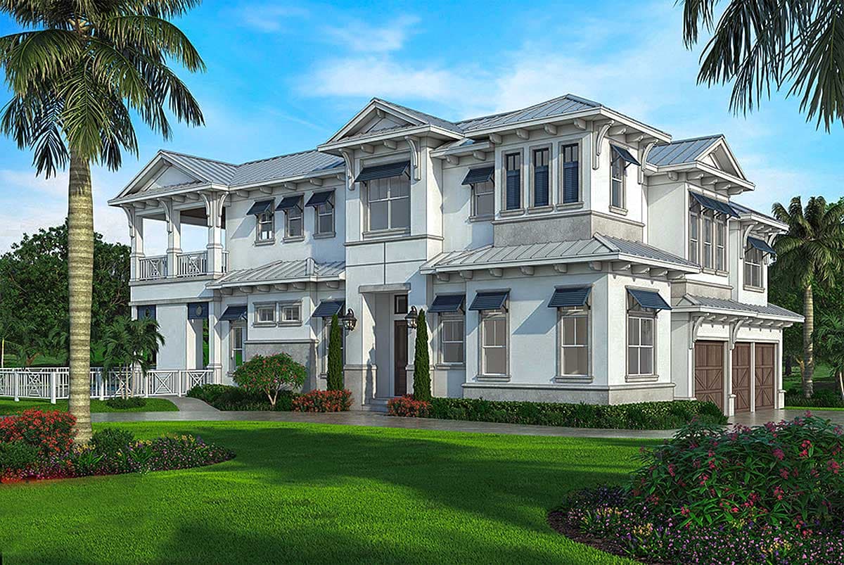 House plan exterior. Two-story home with a metal roof, balcony, and attached garage. Includes awnings over the windows and columns.