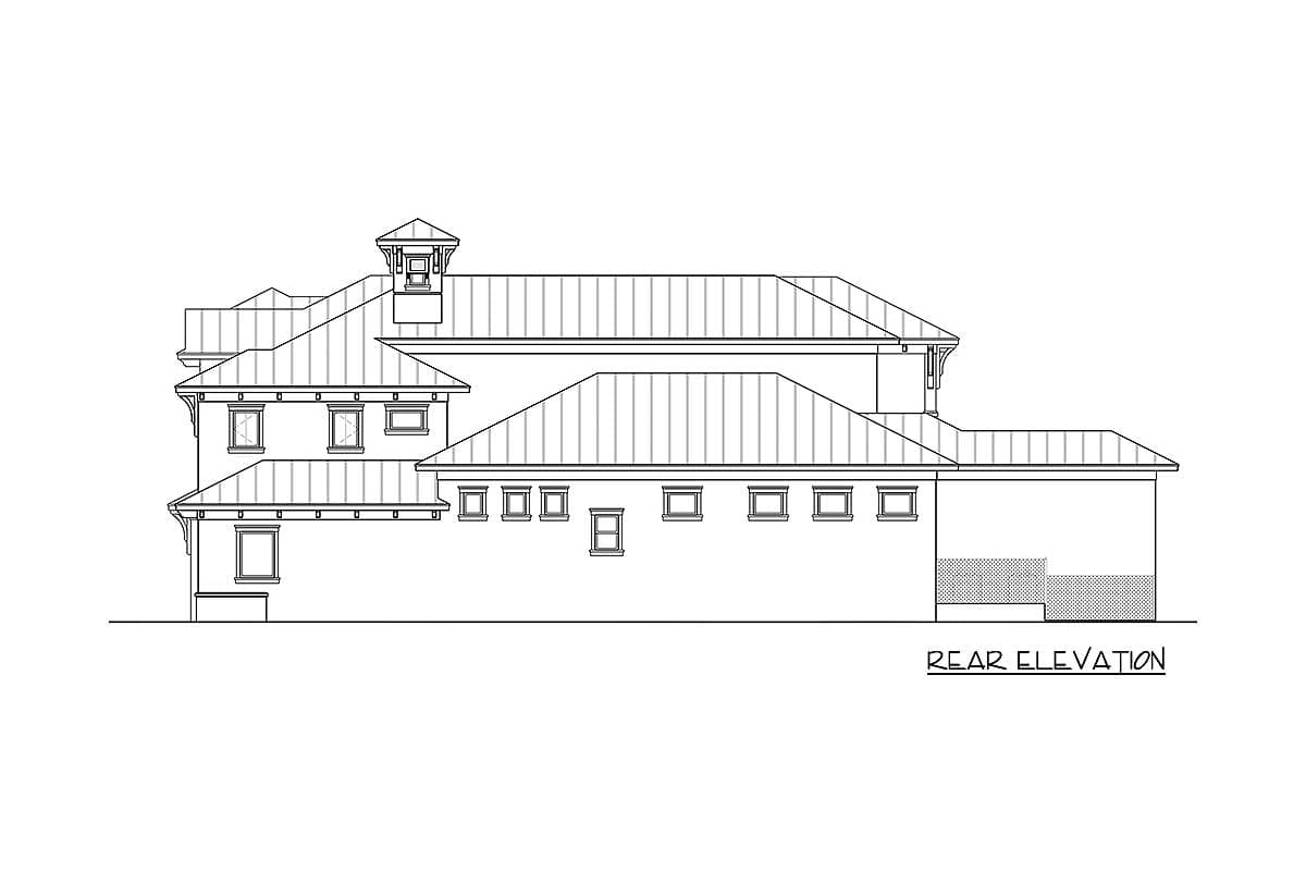 Rear elevation drawing of a multi-story house plan with a cupola, gabled rooflines, and numerous windows.