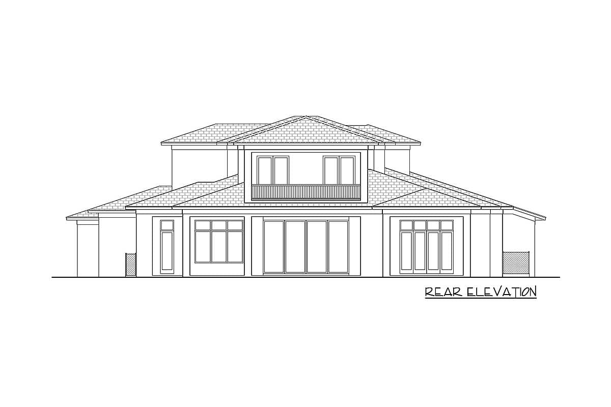 Rear elevation drawing of a two-story house with a hip roof, central balcony, and multiple large windows.