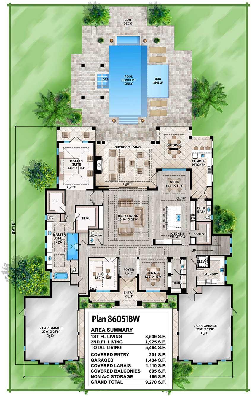 Plan 86051BW: Spacious Tropical House Plan - 5464 Sq Ft - Architectural Designs - Floor Plan - Main Level - Coastal, Coastal Contemporary, European, Florida-Style, Southern