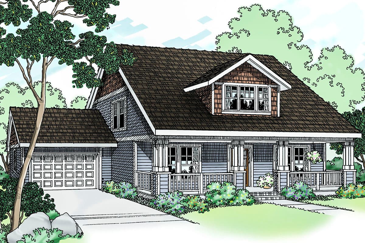 Craftsman style house plan exterior featuring a covered front porch, dormer window with cedar shingles, and a side-entry garage.