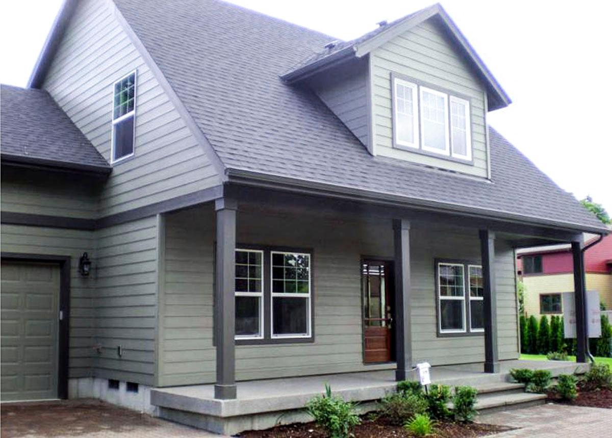 House plan exterior. Two-story, Craftsman-style home with a front porch, gables, and a dormer. Attached garage on the left side.
