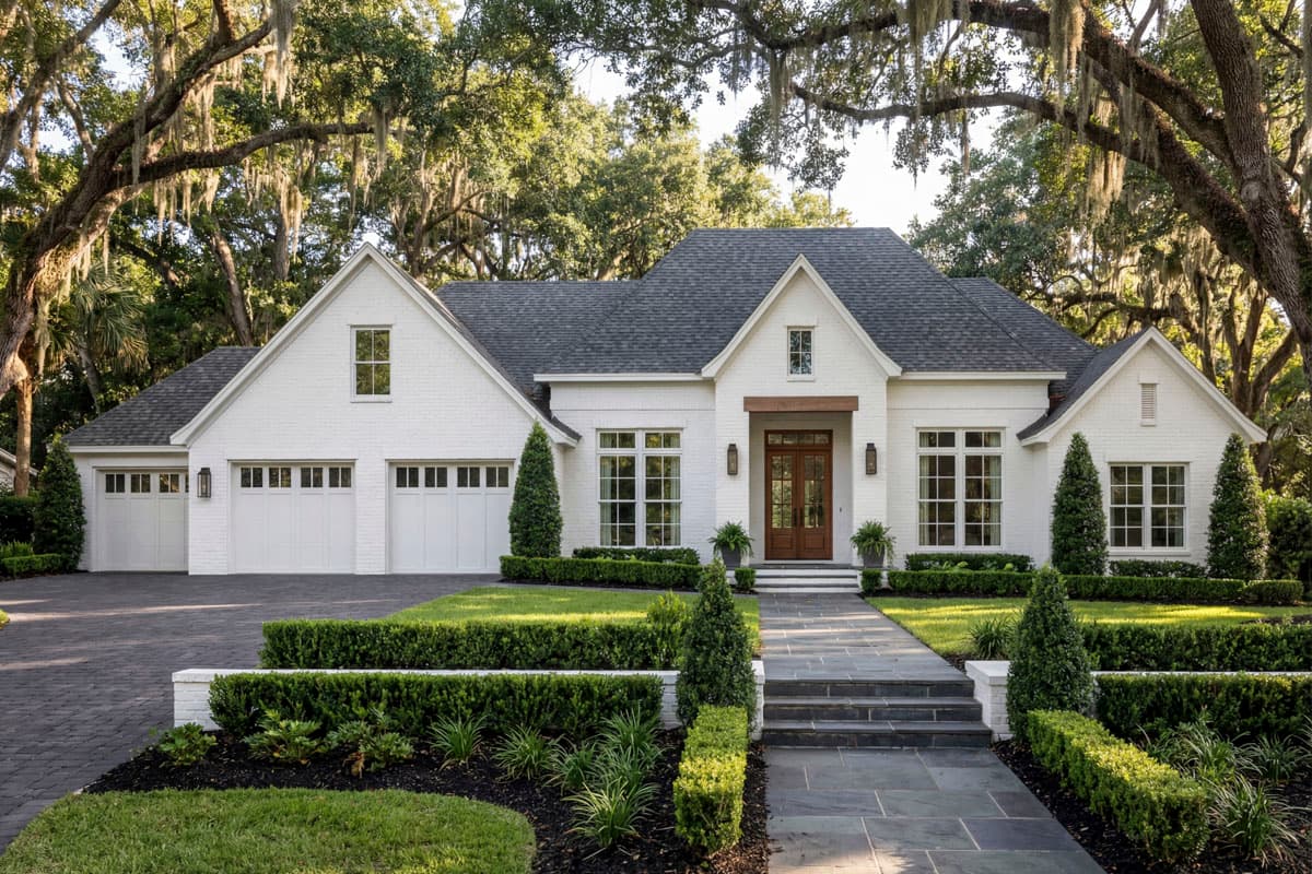 House plan exterior: White brick, one-story home with a three-car garage, gable dormer, and wood-trimmed entry.
