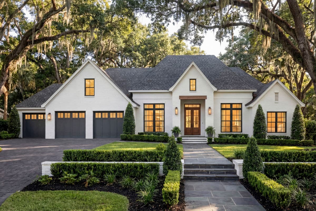 House plan exterior. Two-story, Modern Farmhouse style with a gabled roofline, dormers, and a three-car garage.