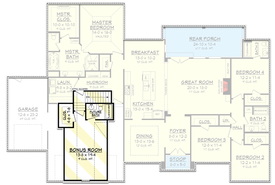 Plan 51764HZ: Exclusive 4-Bed French Country Home Plan with Optional Bonus Room - 2618 Sq Ft  - Floor Plan - Bonus Room - European, French Country, Southern