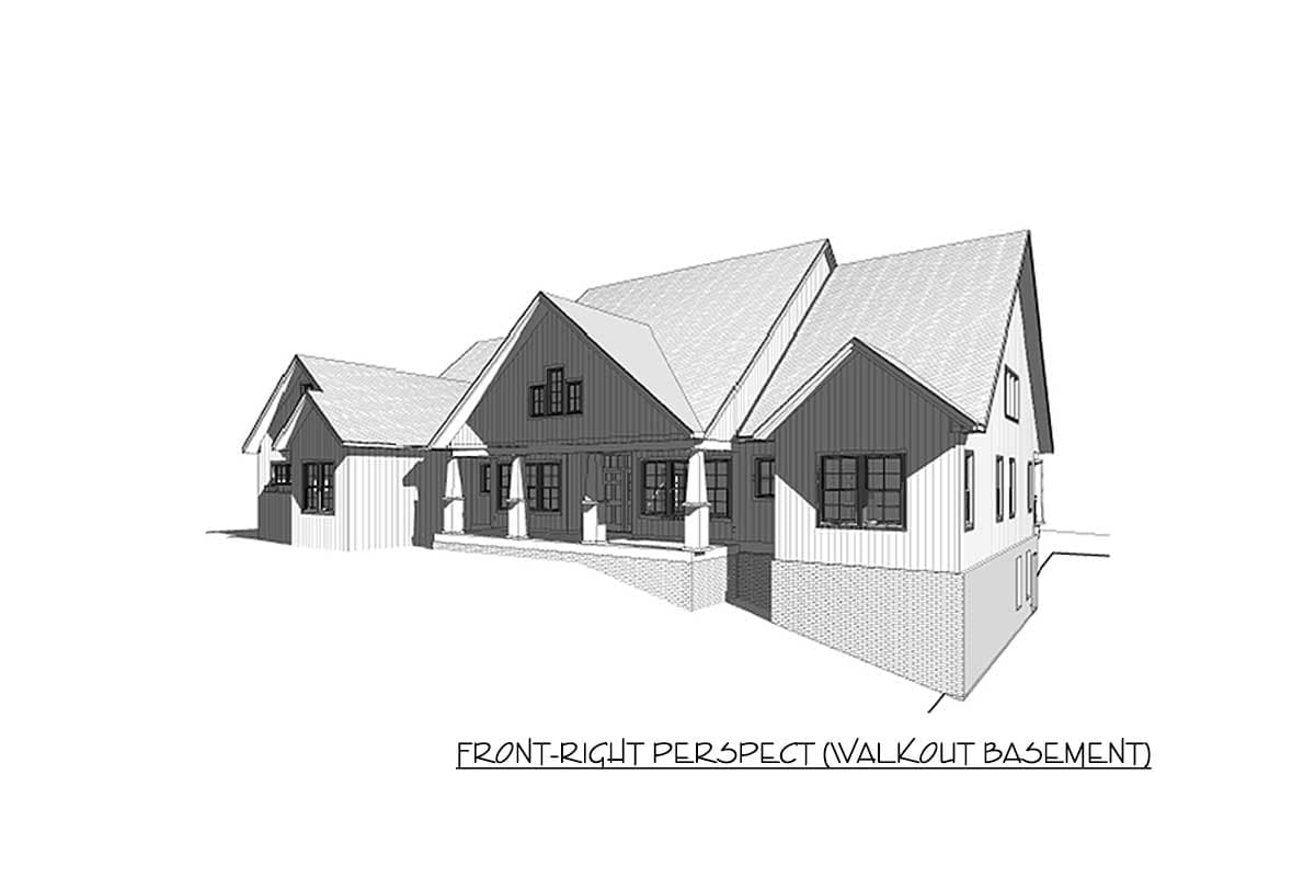 House plan exterior drawing of a one-story home with gables, a covered front porch, and a walkout basement.