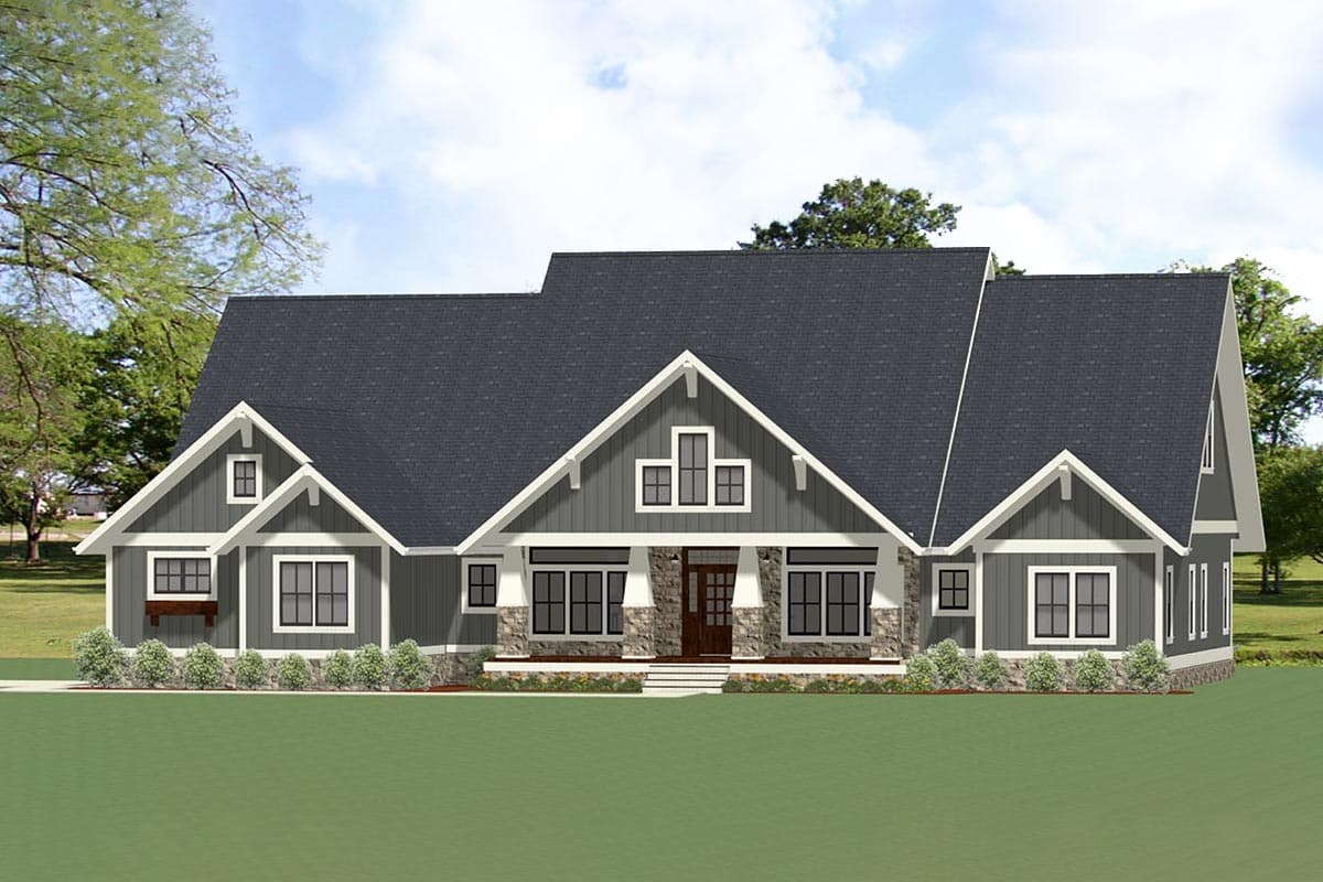 Modern Farmhouse house plan exterior with prominent gables, stone accents, covered porch, and multiple window configurations.