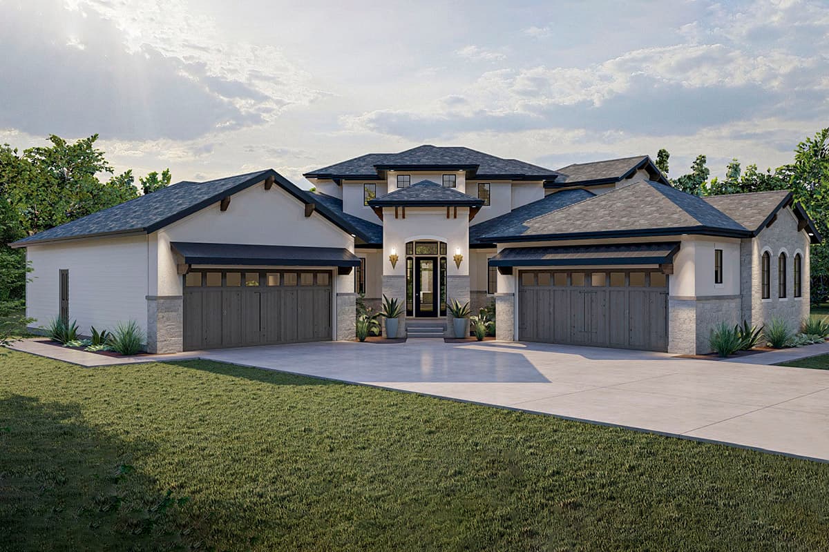 House plan exterior. Two-story home with a multi-gabled roofline. Features include a covered entry, two garage bays, and stone accents.