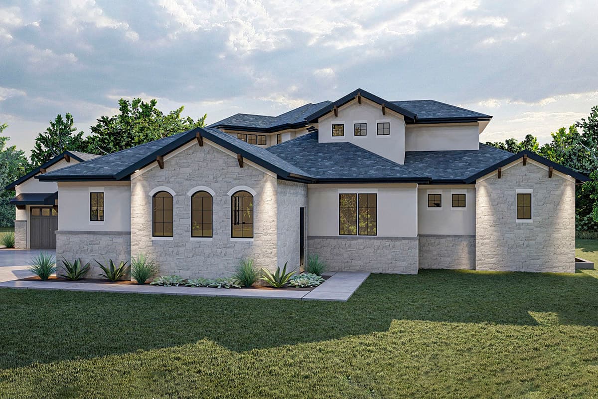 House plan exterior, one story, stone veneer, arched windows, multiple gables, dark roof.