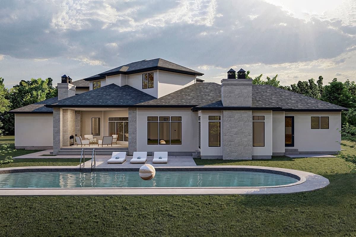 House plan exterior: Two-story modern home with stone accents, covered patio, and swimming pool.