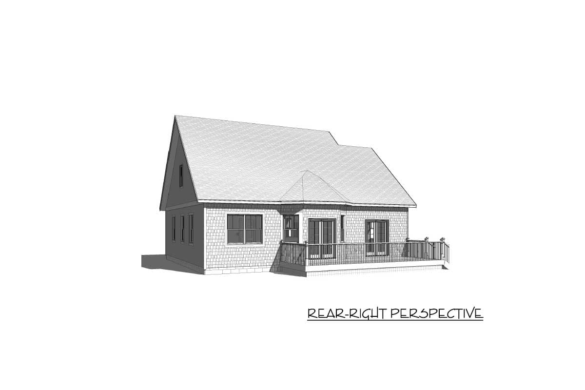 House plan exterior from rear-right perspective. Single-story home with shingle siding, gabled roof, deck, and multiple windows.