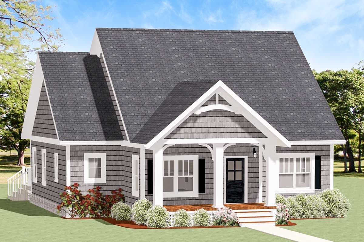 House plan exterior: Two-story house with gabled roof, shingle siding, and covered front porch with turned posts.