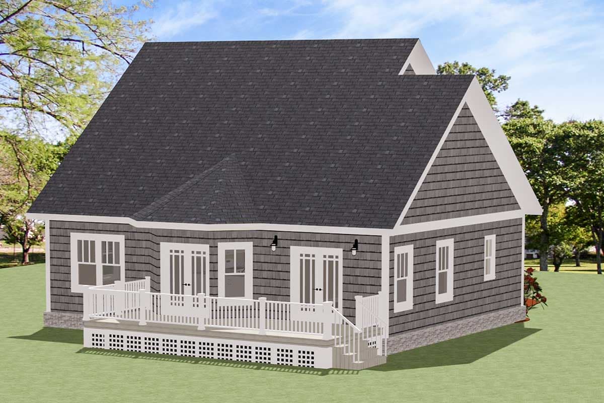House plan exterior rendering shows a one-story home with a wrap-around porch, double front doors, and shingle siding.