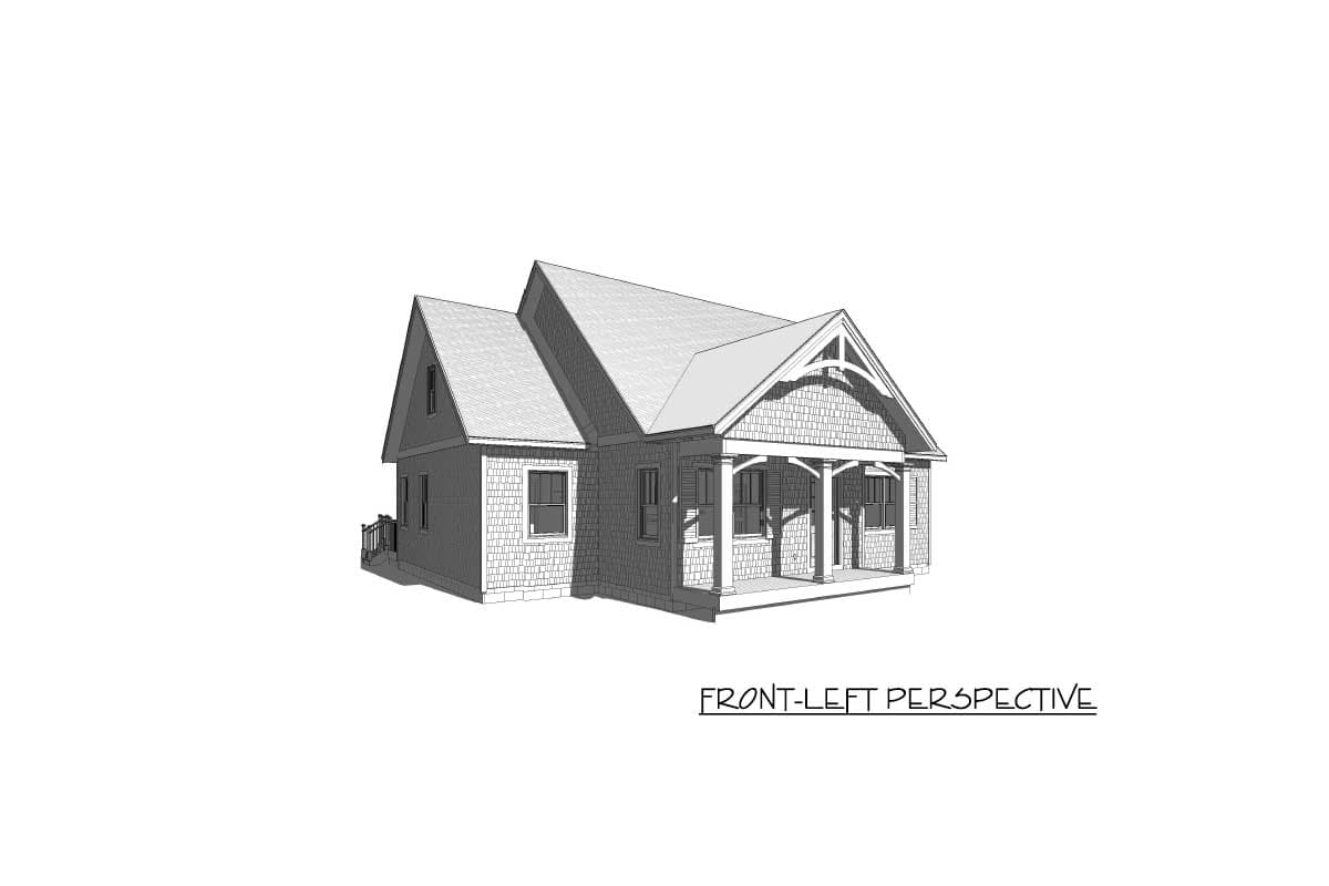 House plan exterior, single-story cottage style with a covered front porch supported by square columns and decorative gable.