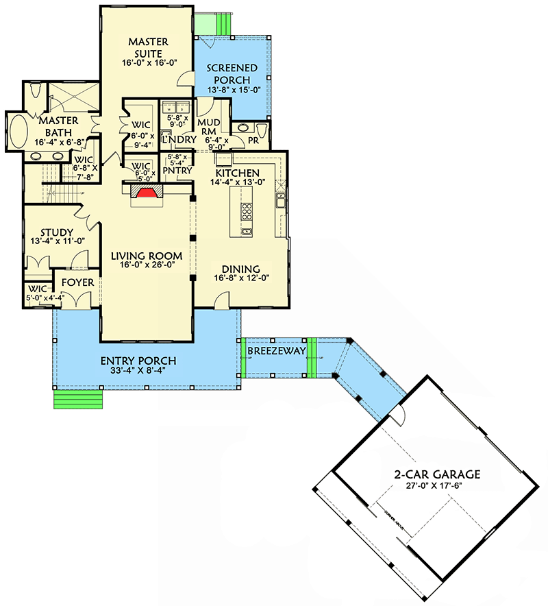 Plan 500018VV: Quintessential American Farmhouse with Detached Garage and Breezeway - 3134 Sq Ft - Floor Plan - Main Level - Cottage, Country, Farmhouse, Modern Farmhouse, New American, Southern, Traditional