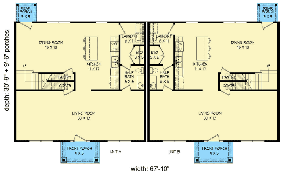 Plan 68483VR: Duplex House Plan with Side-To-Side Living Room - Floor Plan - Main Level