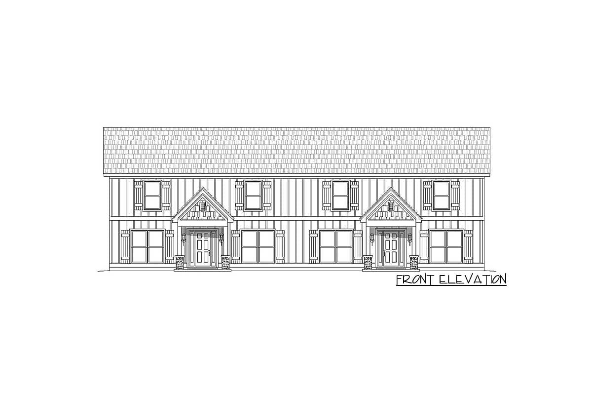Front elevation drawing of a two-story house plan with paired doors and gabled entryways.