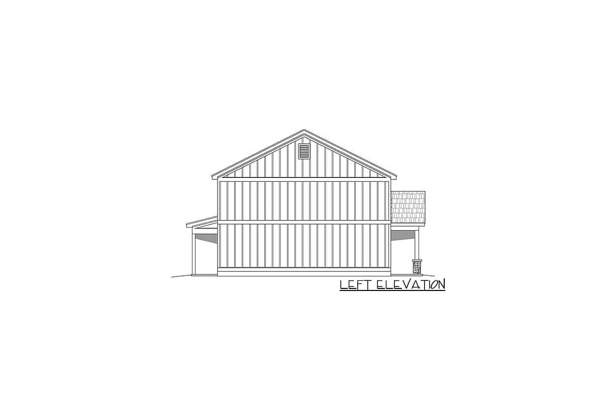 Left elevation drawing of a two-story house plan with board and batten siding, gable vent, and a porch.